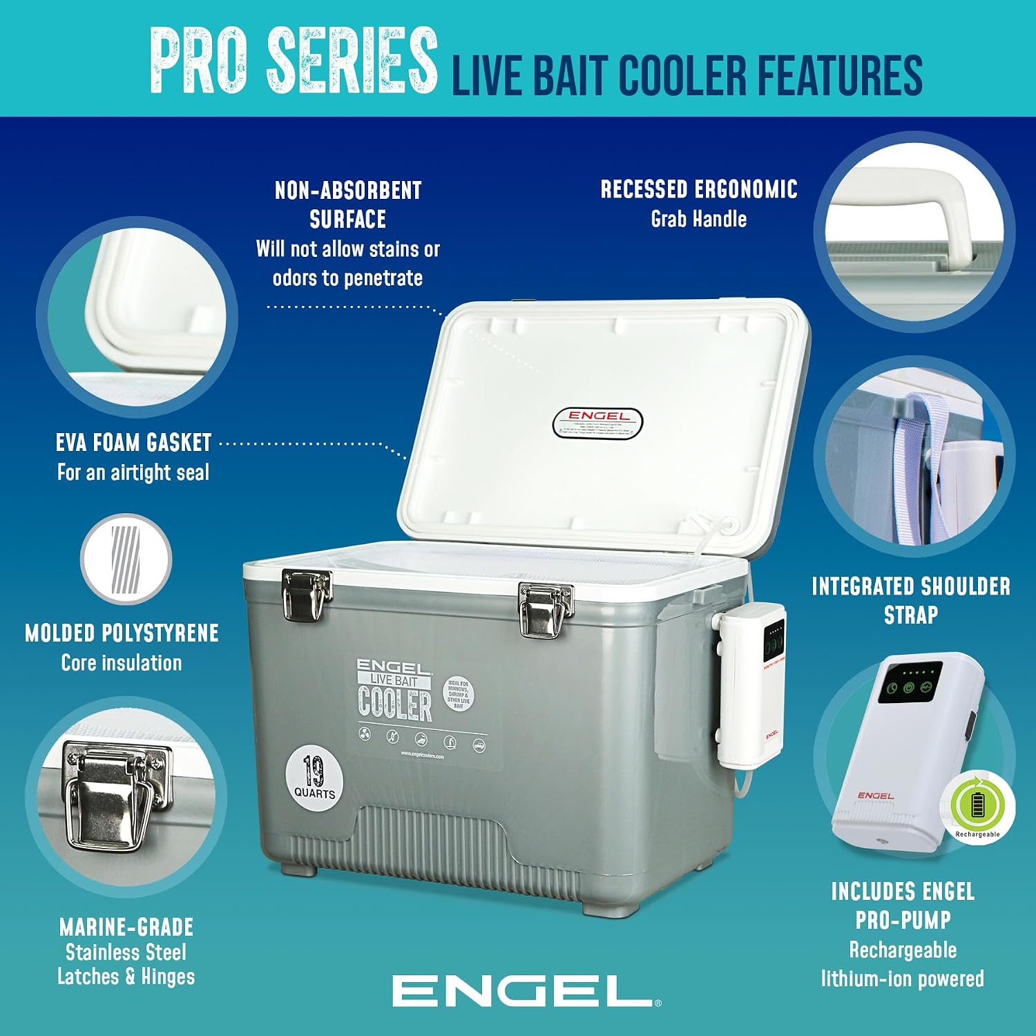 ENGEL Live Bait Cooler PRO for Fishing - Portable Minnow and Bait Bucket with Lithium-Ion Rechargeable Aerator