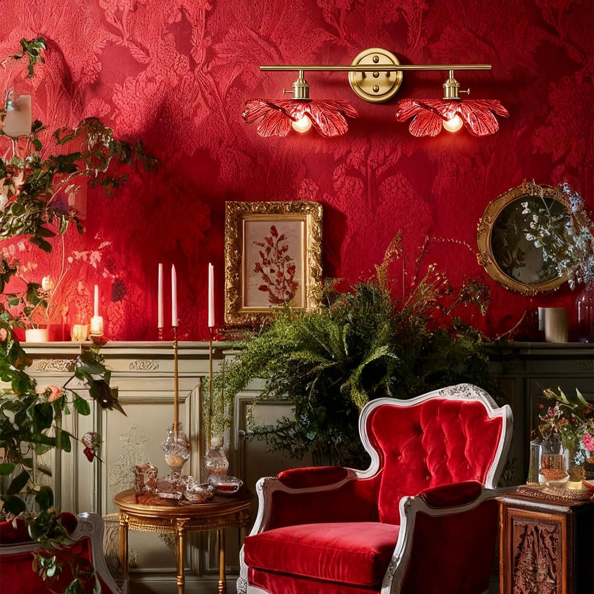 2-Light Red Floral Wall Sconce Mid Century Antique Gold Bathroom Vanity Light with Metal Base, Wall Lighting Fixture Over Mirror for Living Room Bedroom Hallway