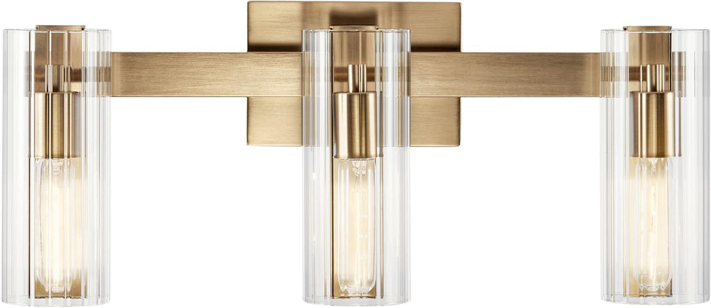 Kichler Jemsa 3-Light Bathroom Vanity Light Fixture with Clear Fluted Glass in Champagne Bronze for Modern Bathroom or Powder Room Wall Lighting (9.75 x 22.75 in), 55168CPZ