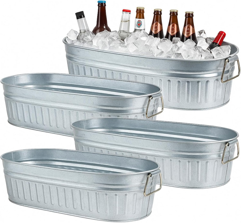 Lallisa 4 Pcs 5.3 gallons Galvanized Beverage Tub Galvanized Bucket Metal Ice and Drink Bucket with Handles Tub for Parties Farmhouse Home Pool Bar (Sliver)