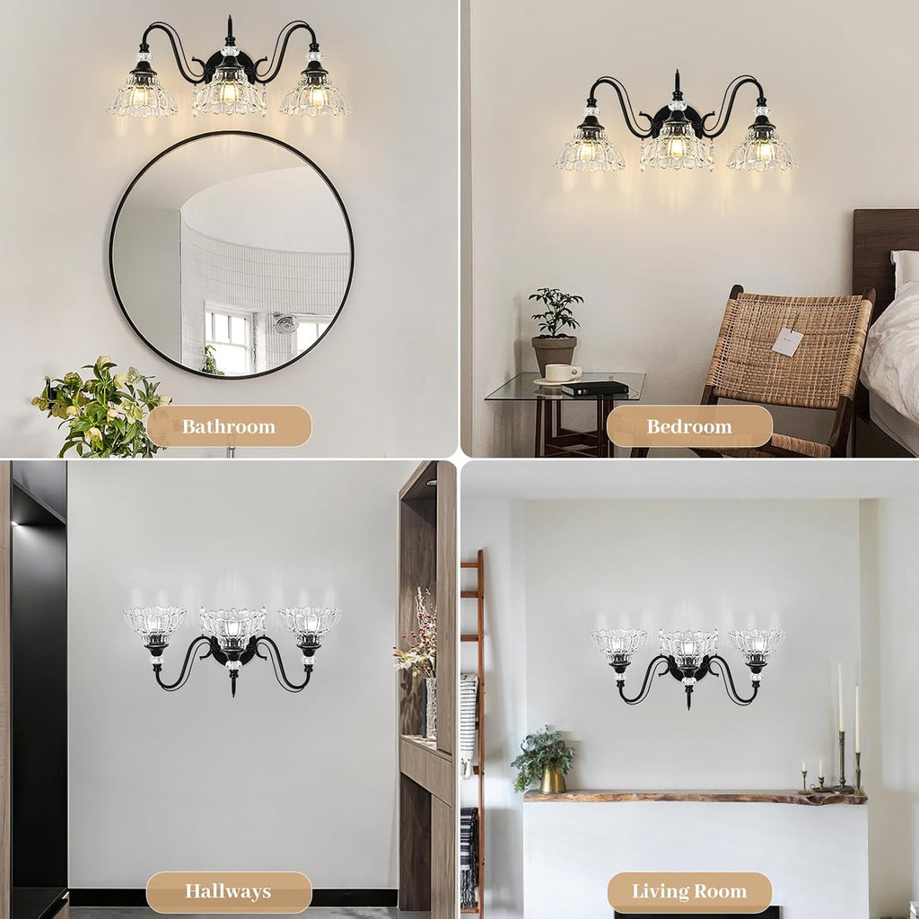 Black Bathroom Vanity Light, 3-Light Matte Black Finish Farmhouse Wall Sconce with Hanging Crystal Accents and Flower-Shaped Clear Glass Shades, Retro Wall Mount Vanity Light Over Mirror for Bathroom
