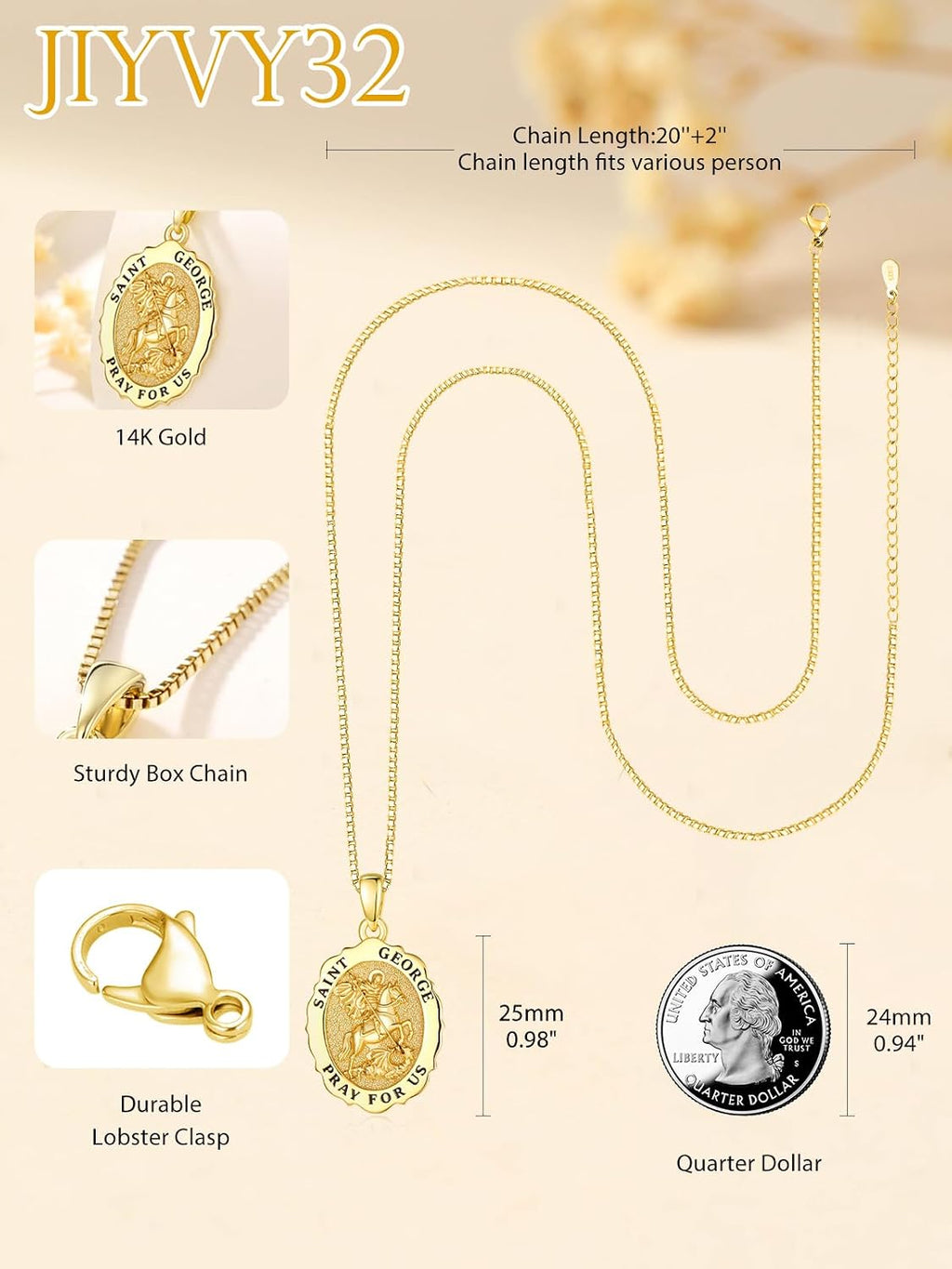 14K Gold Saint Medal Necklace for Women, Catholic Patron Saint Pendant Necklace, Christian Religious Jewelry Gift for Confirmation Baptism Communion Christmas Birthday