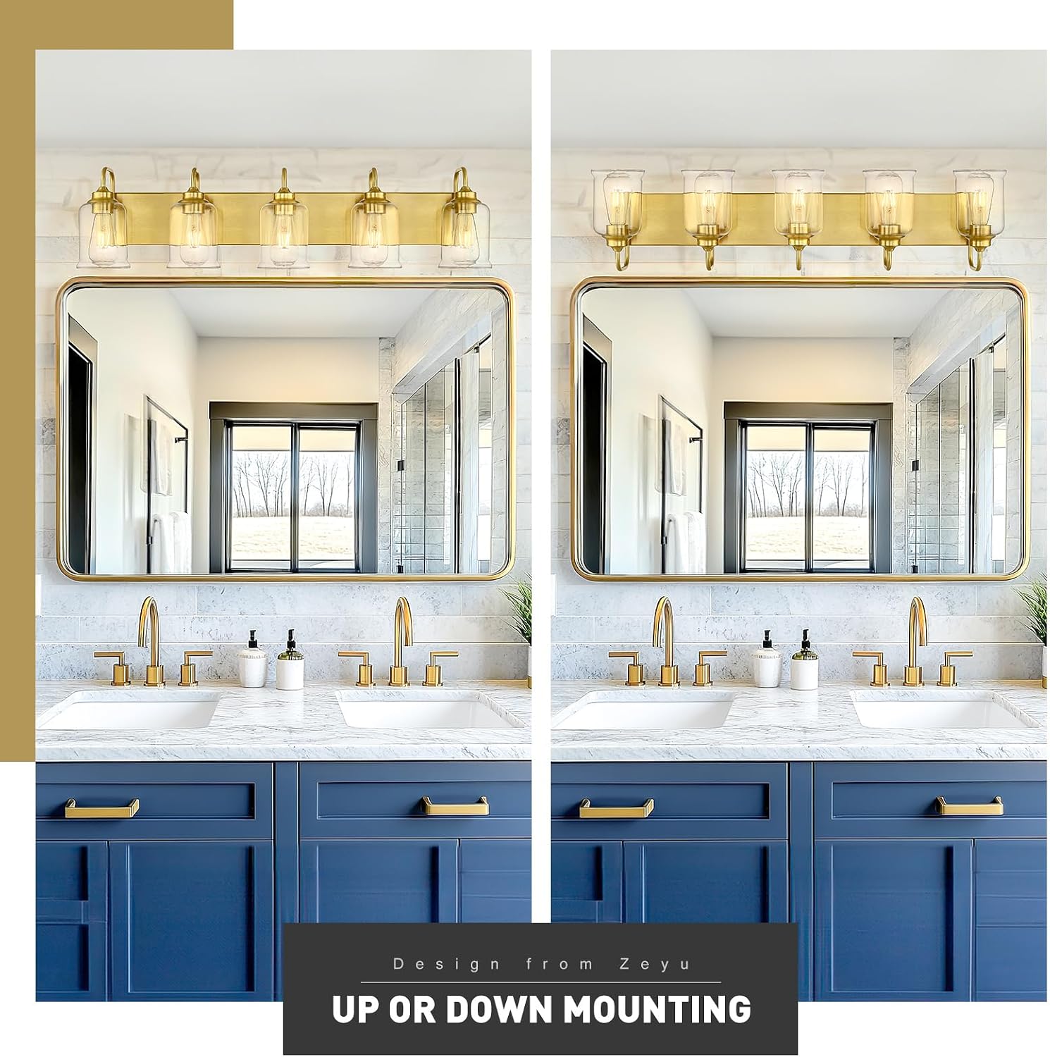 zeyu 36 Inch Bathroom Lighting Fixtures Over Mirror, Vintage Bathroom Light Fixtures, 5-Light Bathroom Light with Clear Glass Shade, Brushed Gold Finish, ZSL72B-5W BG
