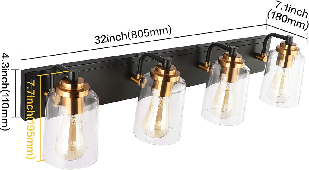 SOLFART Vintage Vanity Lighting Fixtures for Bathroom 4 Light Bathroom Vanity Light Black Brass Wall Light Sconce Light Black with Brass Light for Bath