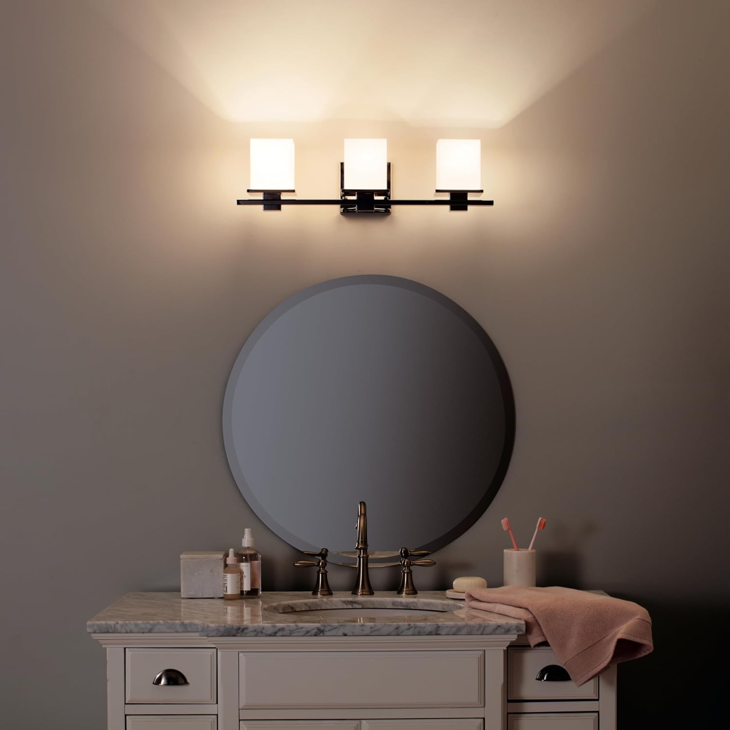 Kichler Tully 24' Vanity Light in Chrome, 3-Light Modern Bathroom Light with Satin Etched Cased Opal Glass, (24' W x 6.5' H), 45151CH