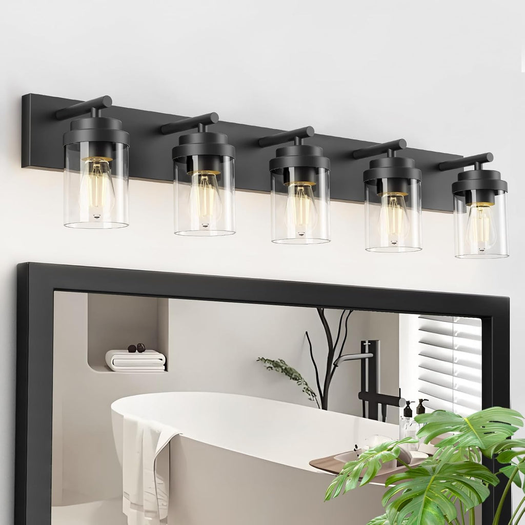 IZORRO Bathroom Vanity Light Fixture, 5-Light 36 Inch Matte Black Bathroom Light Fixtures Over Mirror, with Clear Glass Shade, Modern Farmhouse Vanity Lights, Rustic Restroom Lighting Fixtures