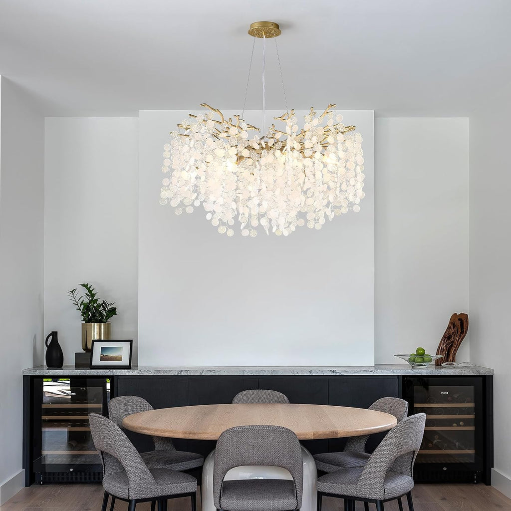 32 Inch Gold Crystal Chandelier, 10-Light Coastal Chandeliers for Dining Room, Large Modern Tree Branch Light Fixtures, Seashell Chandelier for Entryway Foyer Bathroom Living Room, E12