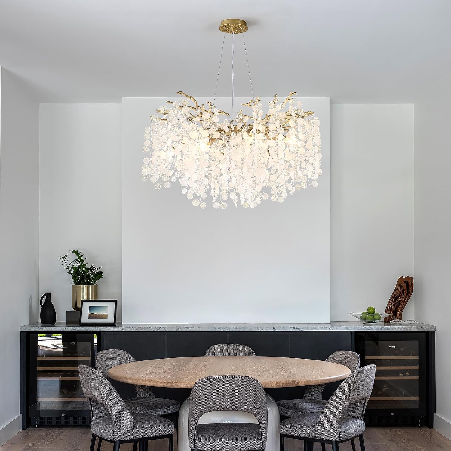 32 Inch Gold Crystal Chandelier, 10-Light Coastal Chandeliers for Dining Room, Large Modern Tree Branch Light Fixtures, Seashell Chandelier for Entryway Foyer Bathroom Living Room, E12