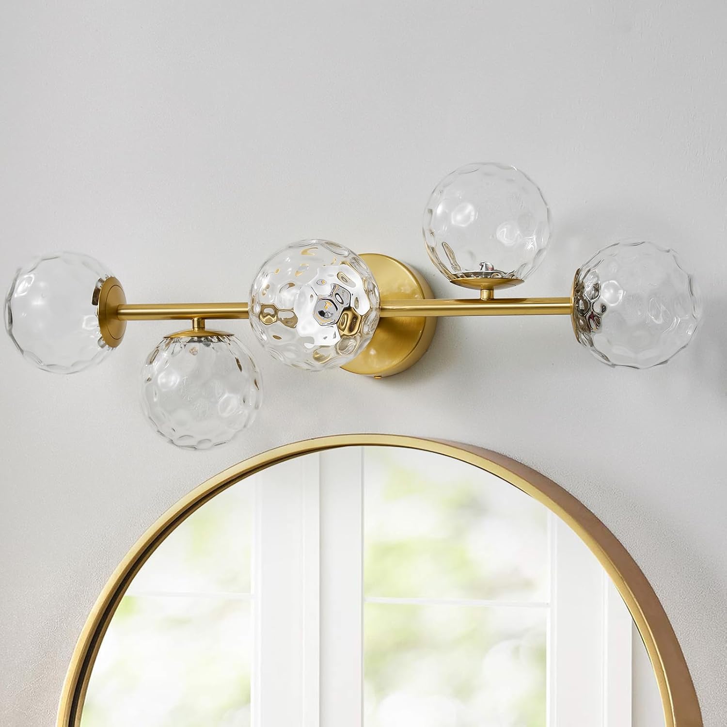 Gold Bathroom Vanity Light Fixtures: 5-Light Hammered Clear Glass Globe Light Fixture Bathroom Wall Sconce over Mirror - Mid Century Modern Gold Dimmable LED Brushed Brass Vanity Lighting Sconces