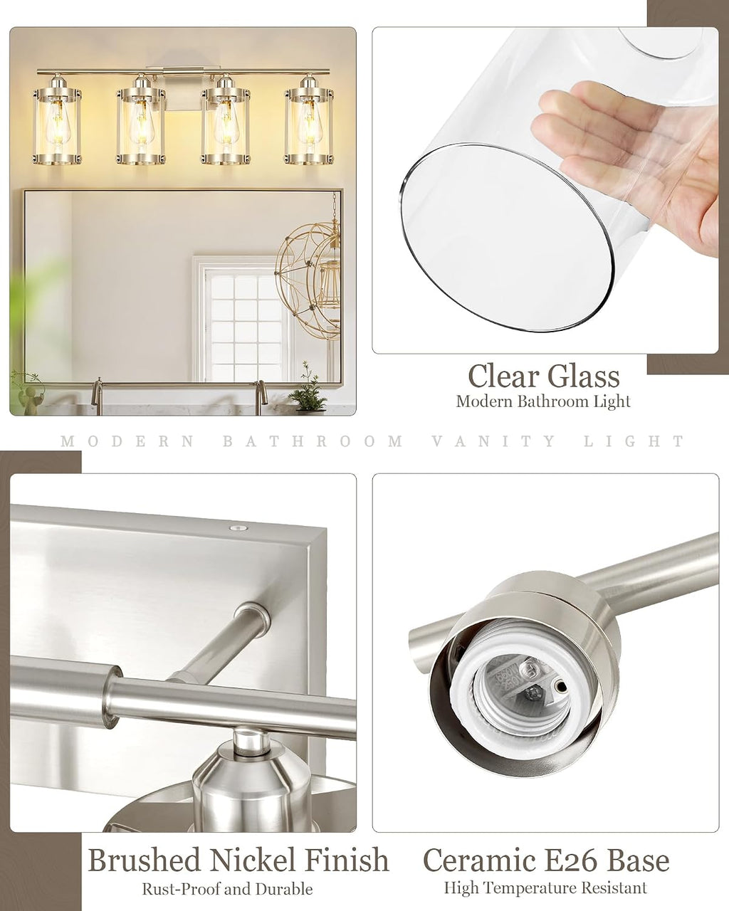 4-Light Brushed Nickel Bathroom Light Fixtures, 29 Inch Modern Bathroom Vanity Lighting Fixtures Over Mirror with Clear Glass and Metal Cage Wall Sconce Lights for Bath, E26, OS-3014BN-4W