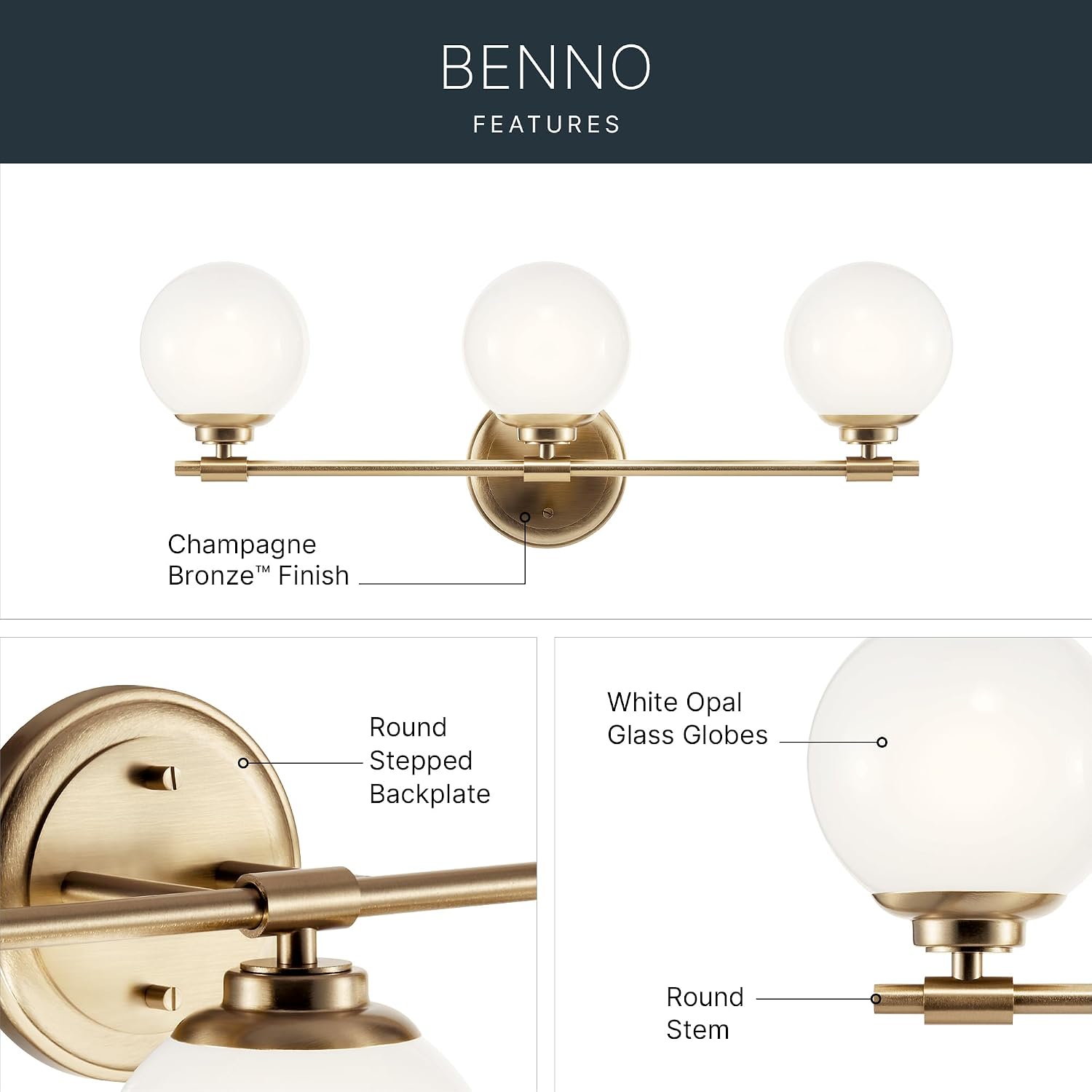Kichler Benno 3-Light Bathroom Vanity Light Fixture, Modern Wall Mount with Opal Glass in Champagne Bronze, for Bathroom or Powder Room (8.75' x 24.5'), 55172CPZ
