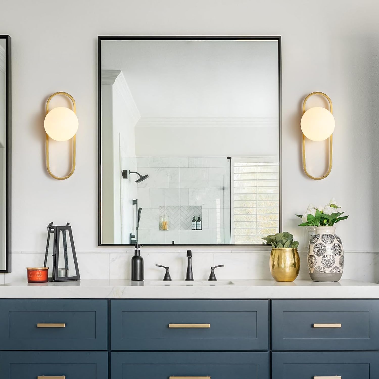 Wall Sconces Set of Two Brushed Gold Wall Lamp Sconces Wall Lighting with White Globe Glass Shade Wall Lights Sconces Wall Decor Set of 2 Wall Lights for Living Room Wall Lamps for Bedrooms Set of 2