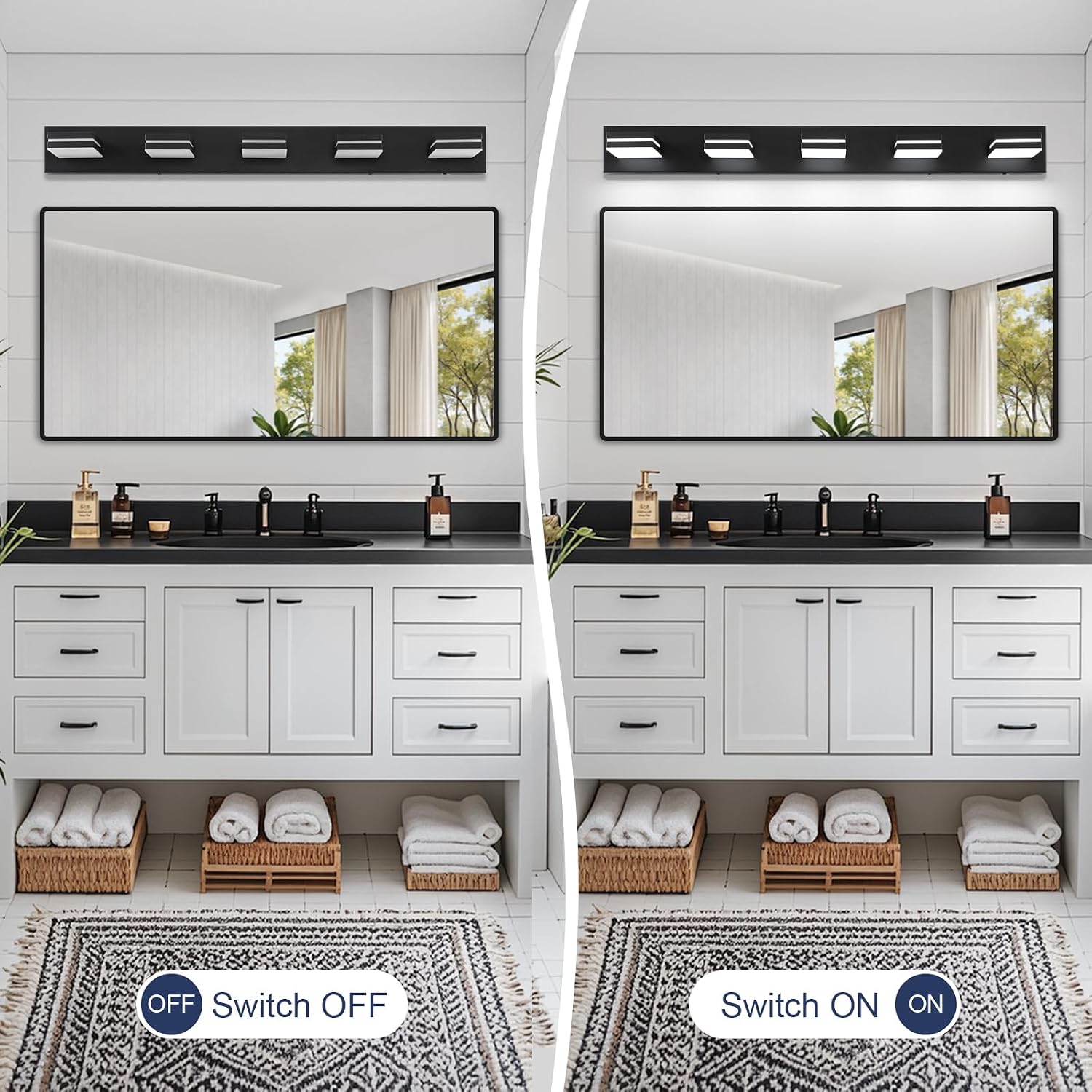 Bathroom Vanity Lighting Fixtures Over Mirror (5-Light, 40-Inch) Dimmable Modern LED Bathroom Wall Lighting Fixtures, Matte Black (3000K/3500K/4000K/5000K/6000K)