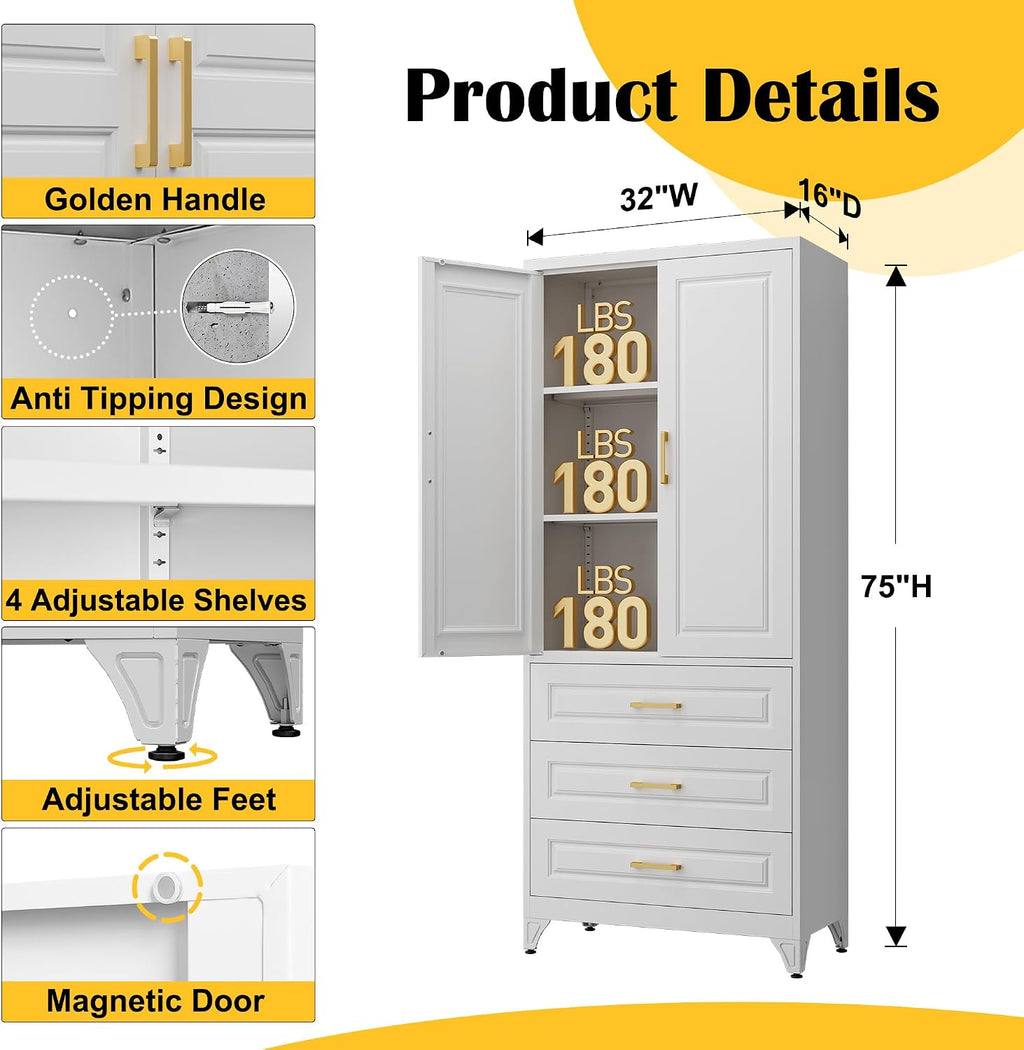 SteeLoong 75' Kitchen Pantry Cabinet with 3 Drawer,Metal Storage Cabinets with Doors and 4 Adjustable Shelves,White Kitchen Cabinet with 2 Gold Handles,Food Cupboard for Livingroom,Pantry, Bathroom