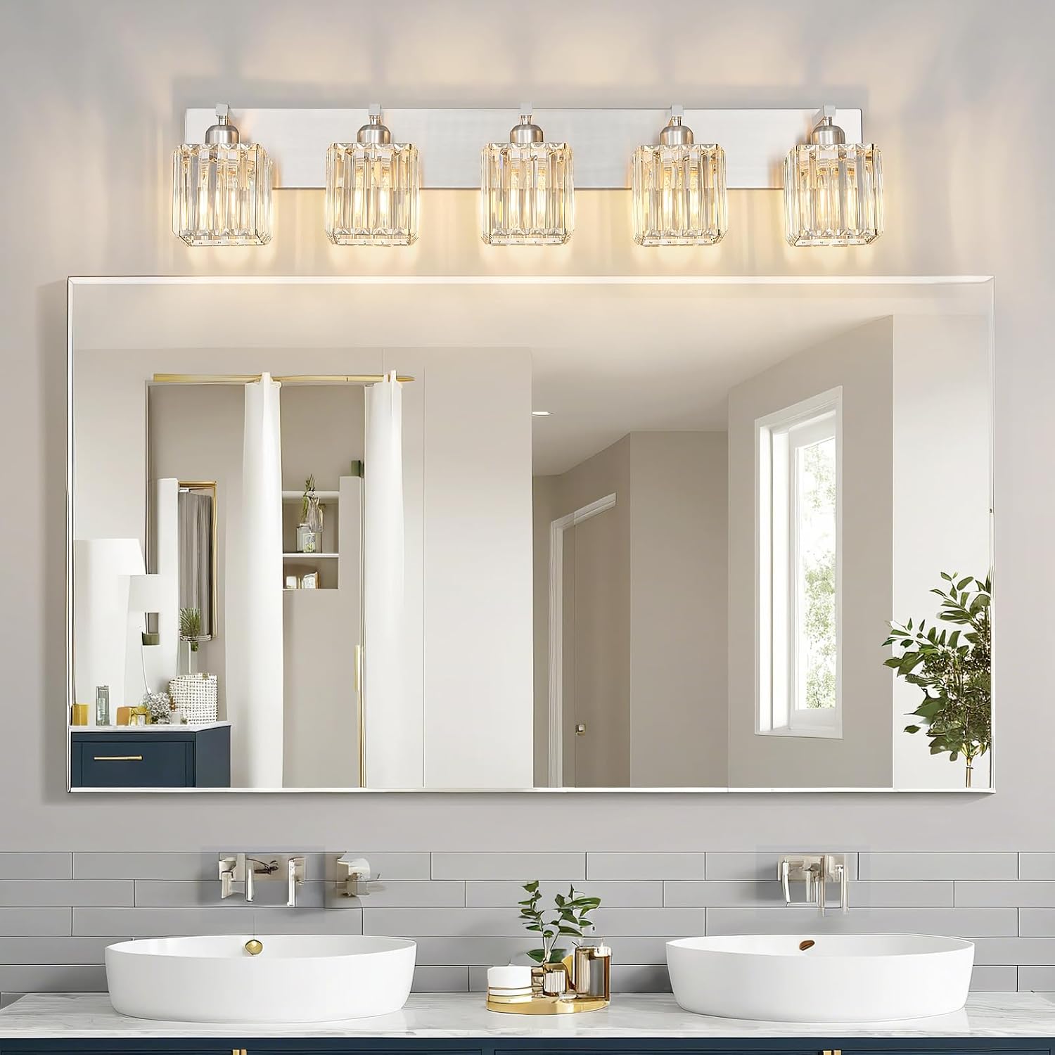 Modern Vanity Light 5-Lights Brushed Nickel Vanity Light Crystal Bathroom Wall Light Bathroom Light Fixtures