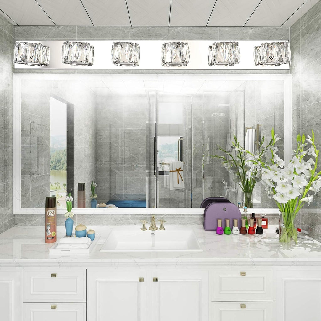 Aipsun 6 Lights 41in Crystal Vanity Lights Over Mirror Long Bathroom Lighting Fixture Modern LED Vanity Light for Bathroom,White Light 6000K