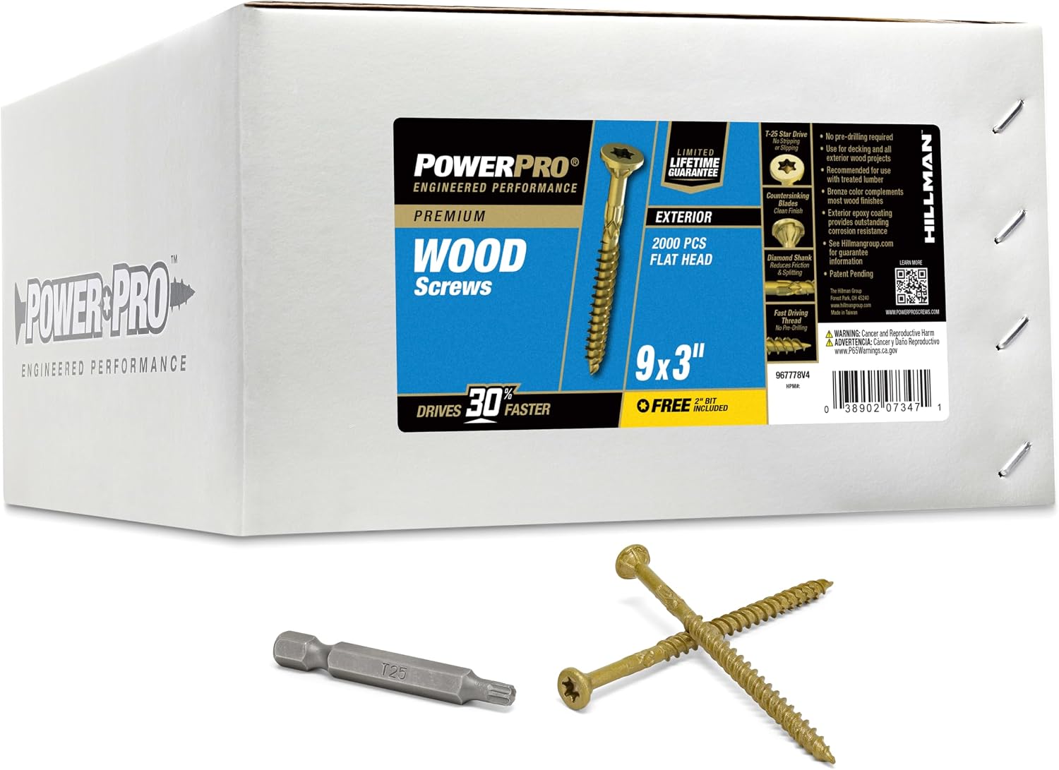 Power Pro Premium Exterior Wood Screws, #9 x 3 Inch All-Purpose Deck Screws for Outdoor Projects, T-25 Star Bit Included, Bronze, 2000 Pieces | 967778V4