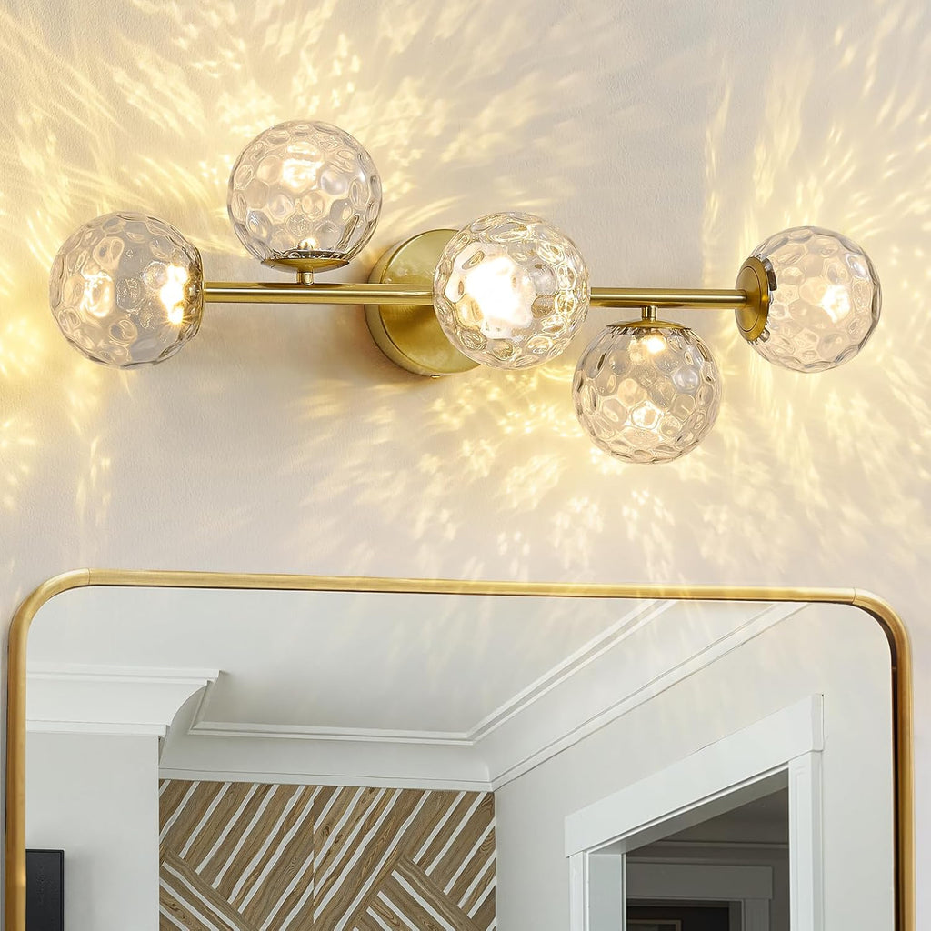 LED Bathroom Vanity Light Fixtures: 3000K Modern Gold Brush Brass 5 Lights Wall Sconce - 20W Dimmable Midcentury Vanity Light with Hammered Clear Globe Bubble Glass Shade for Bathroom Hallway Bedroom