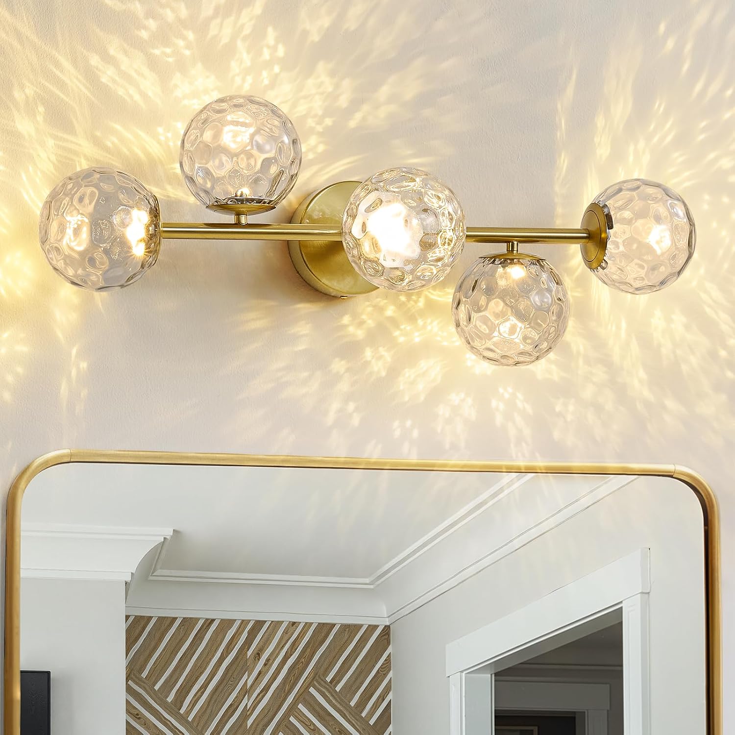 LED Bathroom Vanity Light Fixtures: 3000K Modern Gold Brush Brass 5 Lights Wall Sconce - 20W Dimmable Midcentury Vanity Light with Hammered Clear Globe Bubble Glass Shade for Bathroom Hallway Bedroom