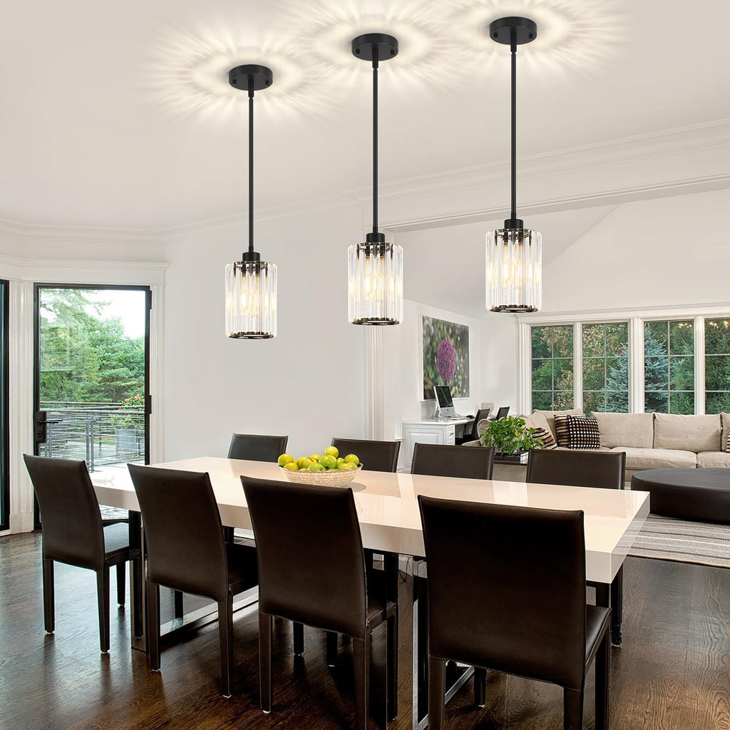 3 Pack Black Pendant Lights Kitchen Island, Modern Crystal Pendant Lighting Over Island, Hanging Kitchen Light Fixtures, Adjustable Mini Pendant Light for Bathroom Dining Room Hallway
