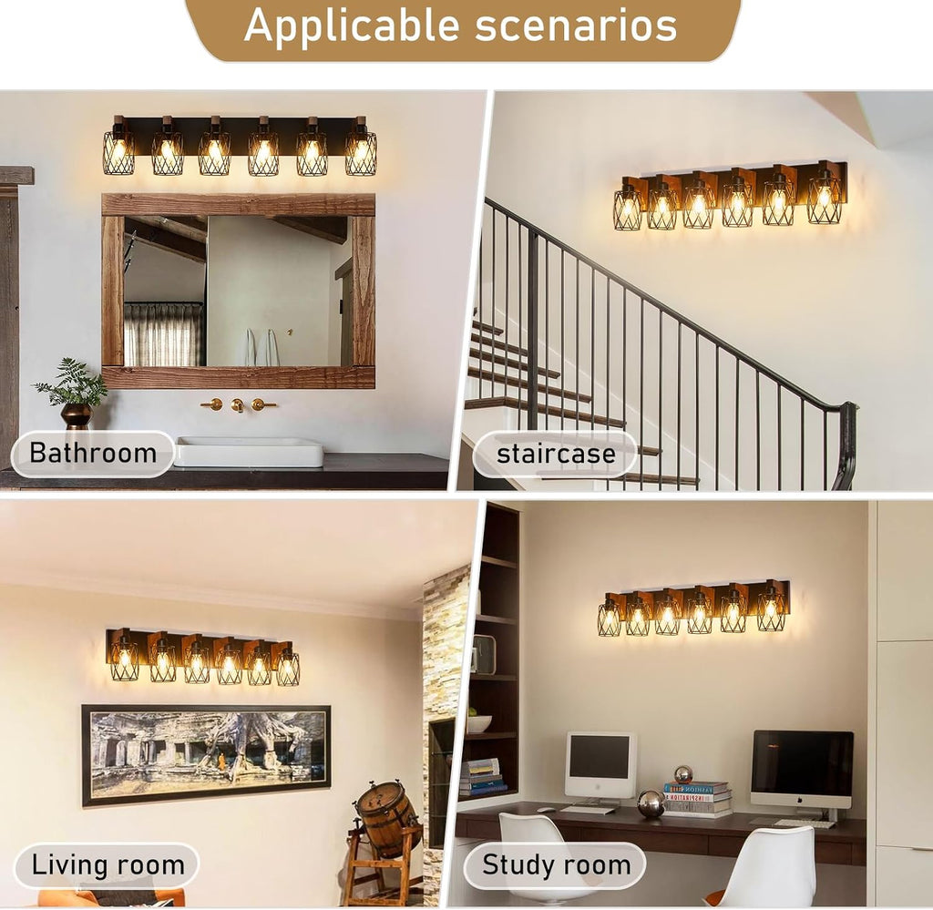 6-Light Farmhouse Vanity Light Fixtures Over Mirror, Black with Cage Metal Shade, Vintage Rustic for Bathroom, Hallway