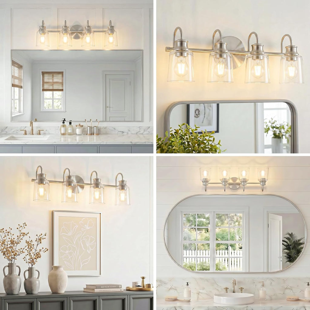 4 Lights Bathroom Light Fixtures Modern Brushed Nickel Vanity Lights for Bathroom Lighting Fixtures Over Mirror with Clear Glass Shade for Cabinet Mirror Bedroom Hallway