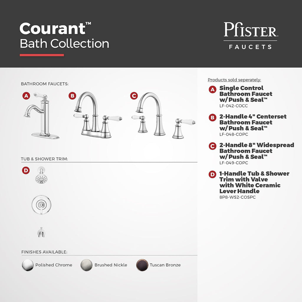 Pfister Courant 8 in Widespread 3 Hole Bathroom Sink Faucet 2 Handle Polished Chrome NSF Certified WaterSense Push & Seal Drain 360 Degree Swivel Spout LF049COPC