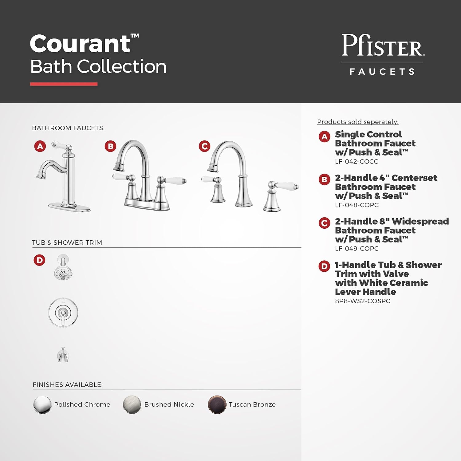 Pfister Courant 8 in Widespread 3 Hole Bathroom Sink Faucet 2 Handle Polished Chrome NSF Certified WaterSense Push & Seal Drain 360 Degree Swivel Spout LF049COPC