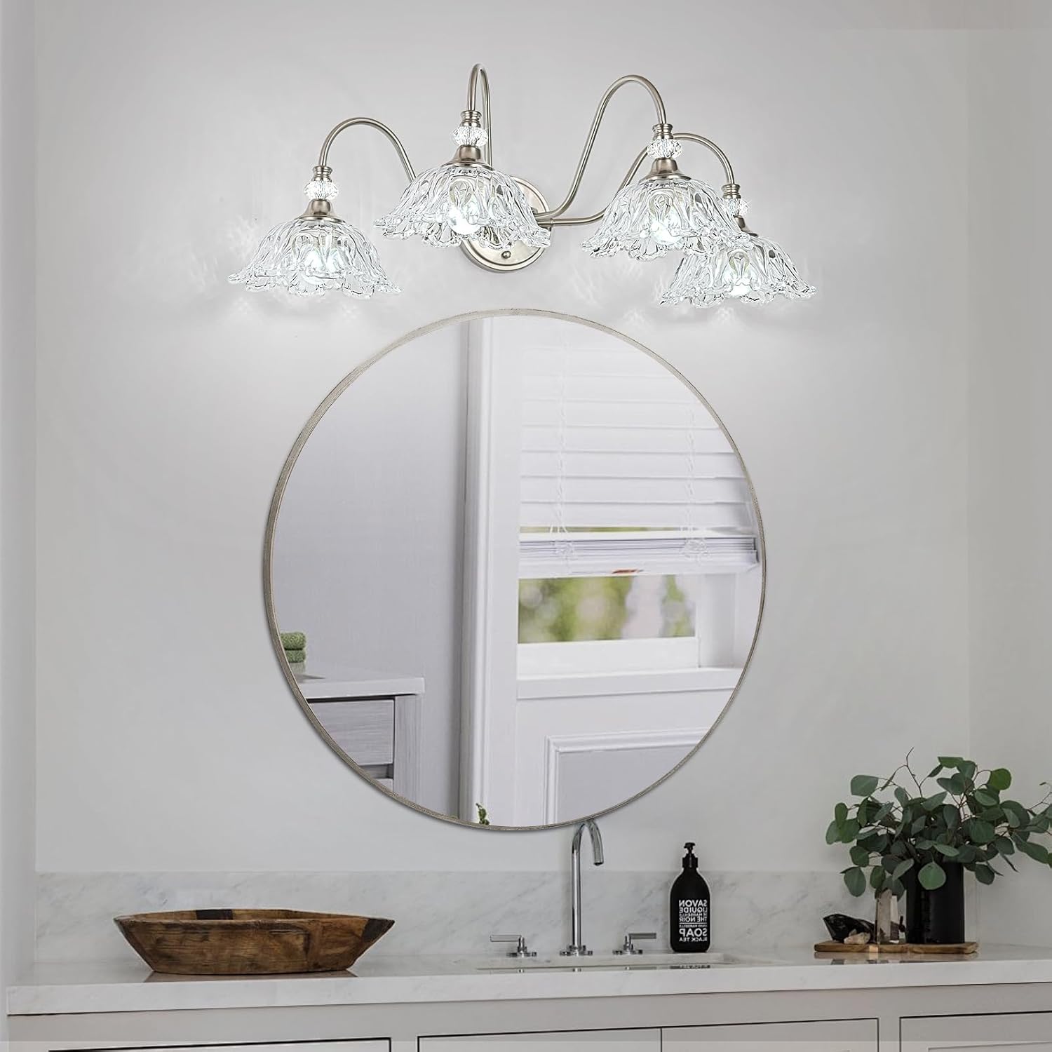 Brushed Nickel Bathroom Vanity Light, 4-Light Vanity Light with Floral Clear Glass Shades, Brushed Nickel Wall Mount Lighting for Bathroom, Dressing Table