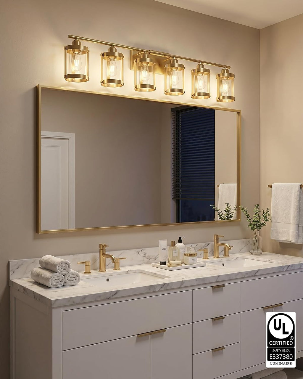 6-Light Brushed Gold Bathroom Light Fixtures Over Mirror with Clear Glass and Metal Cage Shade, 42' UL-Listed Modern Farmhouse Wall Sconce for Bath, Hardwire E26, OS-3014BG-6W
