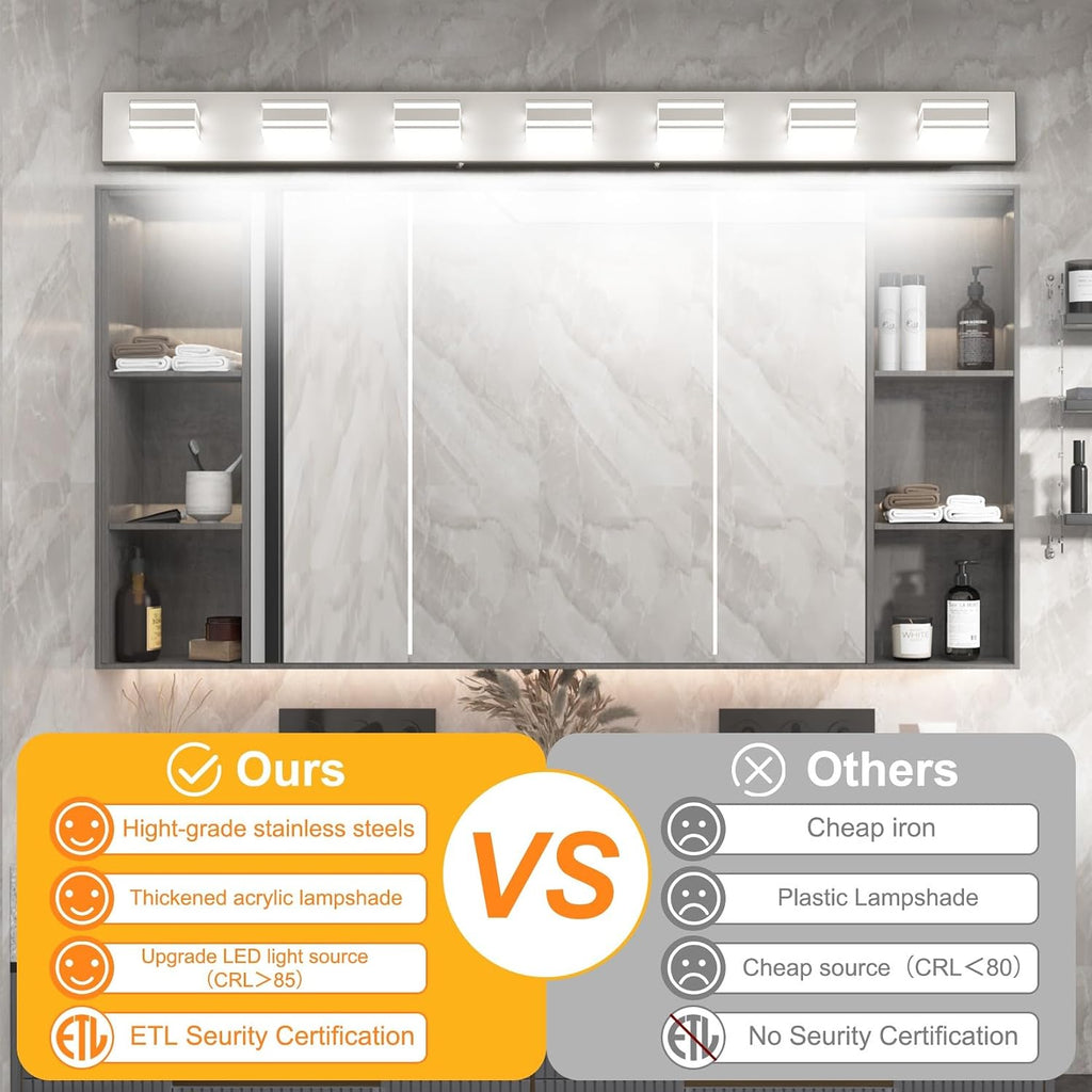 Ralbay 55inch Brushed Nickel Vanity Light for Bathroom 7-Light Metal Acrylic Modern LED Bathroom Light Fixtures