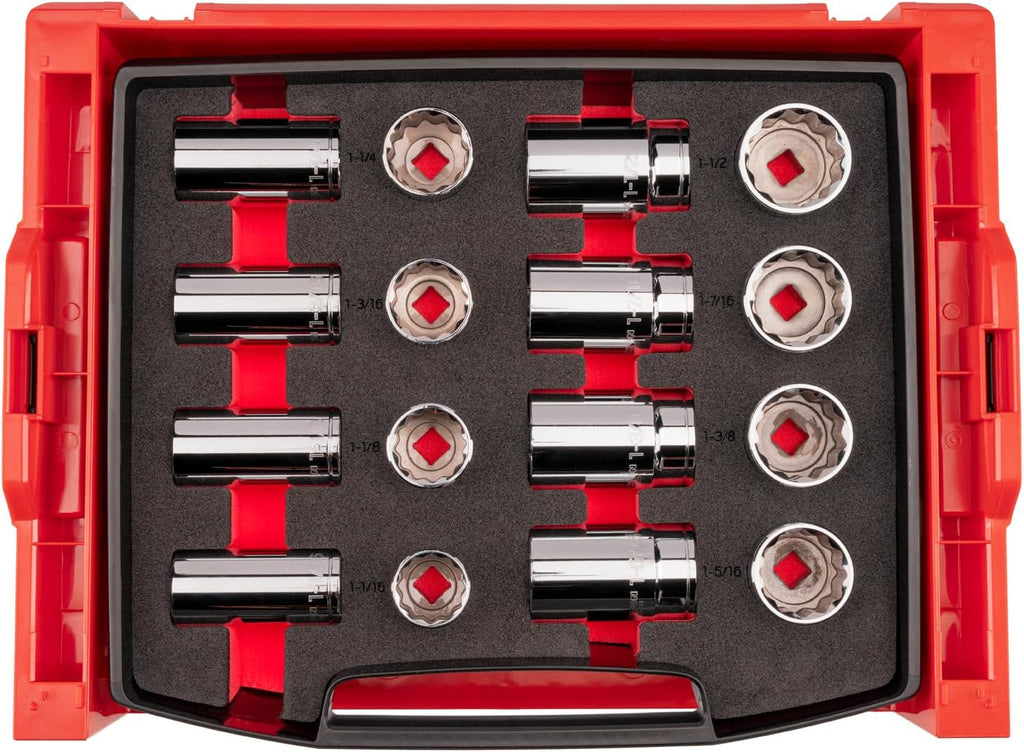 TEKTON 1/2 Inch Drive Shallow and Deep 12-Point Socket Set with Open Top Drawer and Rack, 16-Piece (1-1/16-1-1/2 in.) | SHD92706