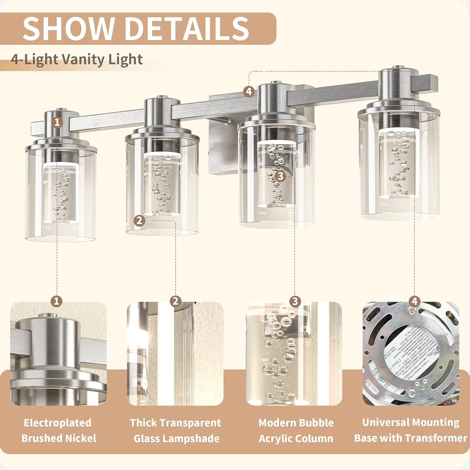 Quntis Brush Nickle Bathroom Lighting Fixtures with 5 Color Mode, 4-Light Dimmable Modern Bathroom Vanity Light Over Mirror, 28 Watt Eye Protection LED Wall Lamp 27 Inch (UL Certified, Bulbs Included)