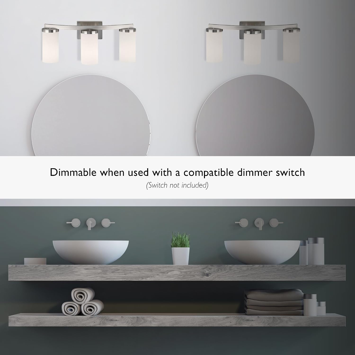 Design House Desta Vanity Light, 3-Light, Curved Bar Design, Frosted Glass Glow, Dimmable, Up/Down Mountable, E26 Socket, Satin Nickel, 22.4 in L x 6.9 in W x 9.5 in H, 589150-SN