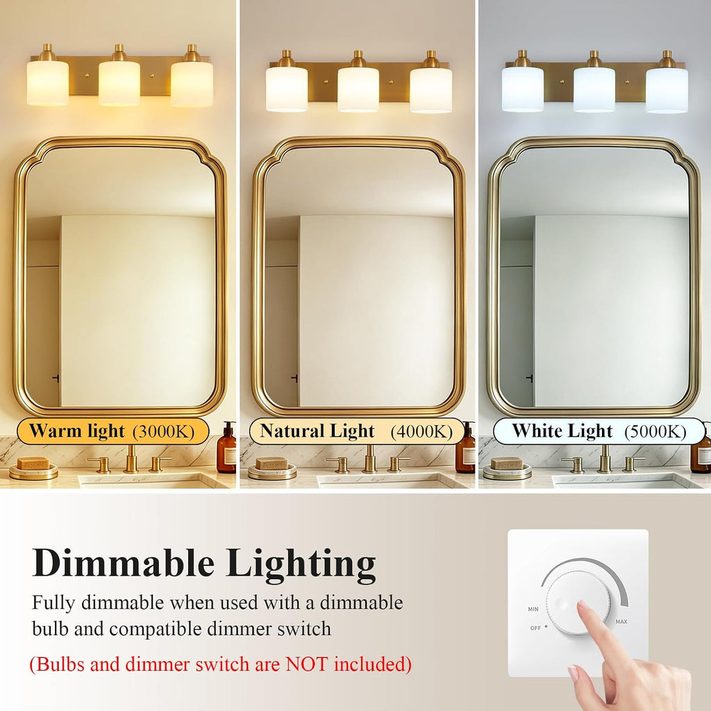 Mecgirn Stainless Steel Milk Glass Vanity Lights for Bathroom, 3 Light Brass Bathroom Light Fixtures Over Mirror, Ceramic E26 Sockets Wall Mounted