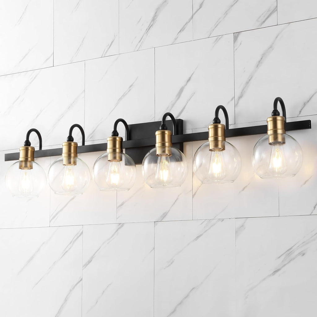 JONATHAN Y 44.25' Black/Brass Gold Vintage Wall Sconce, LED Vanity Light for Bathroom Bedroom Entryway, Clear Glass Globe Shade, Modern Industrial Arched Lamp, LED Bulb Included (JYL3557A)