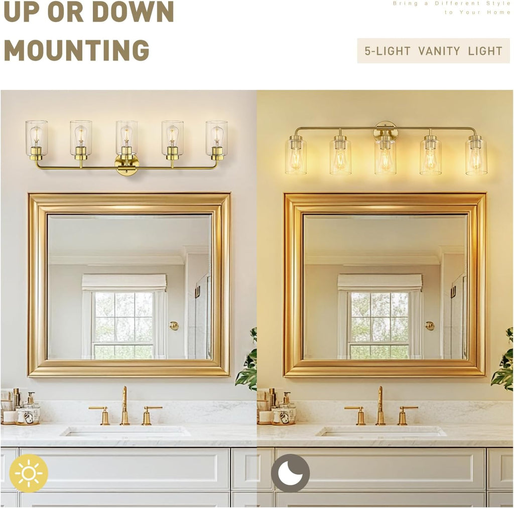 zeyu 5 Light Sconces Wall Lighting, 37 Inch Bathroom Vanity Light Fixtures, Brushed Gold Finish, Clear Glass Shade, ZS62B-5W BG