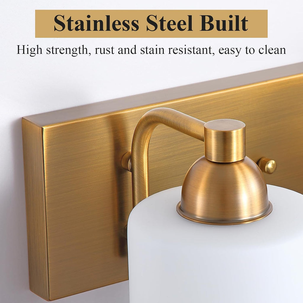 Mecgirn Stainless Steel Milk Glass Vanity Lights for Bathroom, 3 Light Brass Bathroom Light Fixtures Over Mirror, Ceramic E26 Sockets Wall Mounted