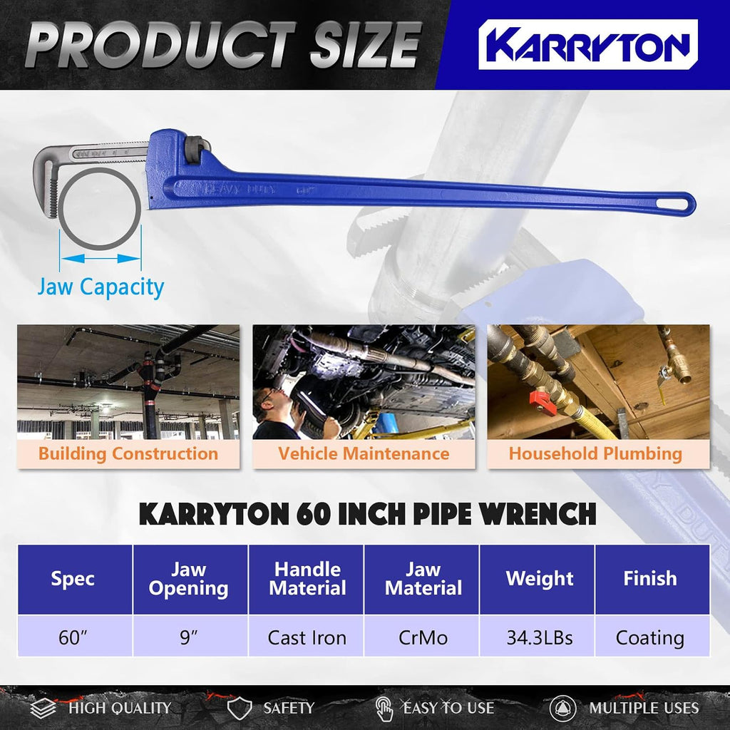 60 Inch Pipe Wrench, Cr-Mo Jaw Opening 9'/228mm Adjustable Heavy Duty Cast Iron Straight Handle Plumbing Wrench, Perfect Plumbers Tool for Oil Field, Plumbing, Construction and Mechanics