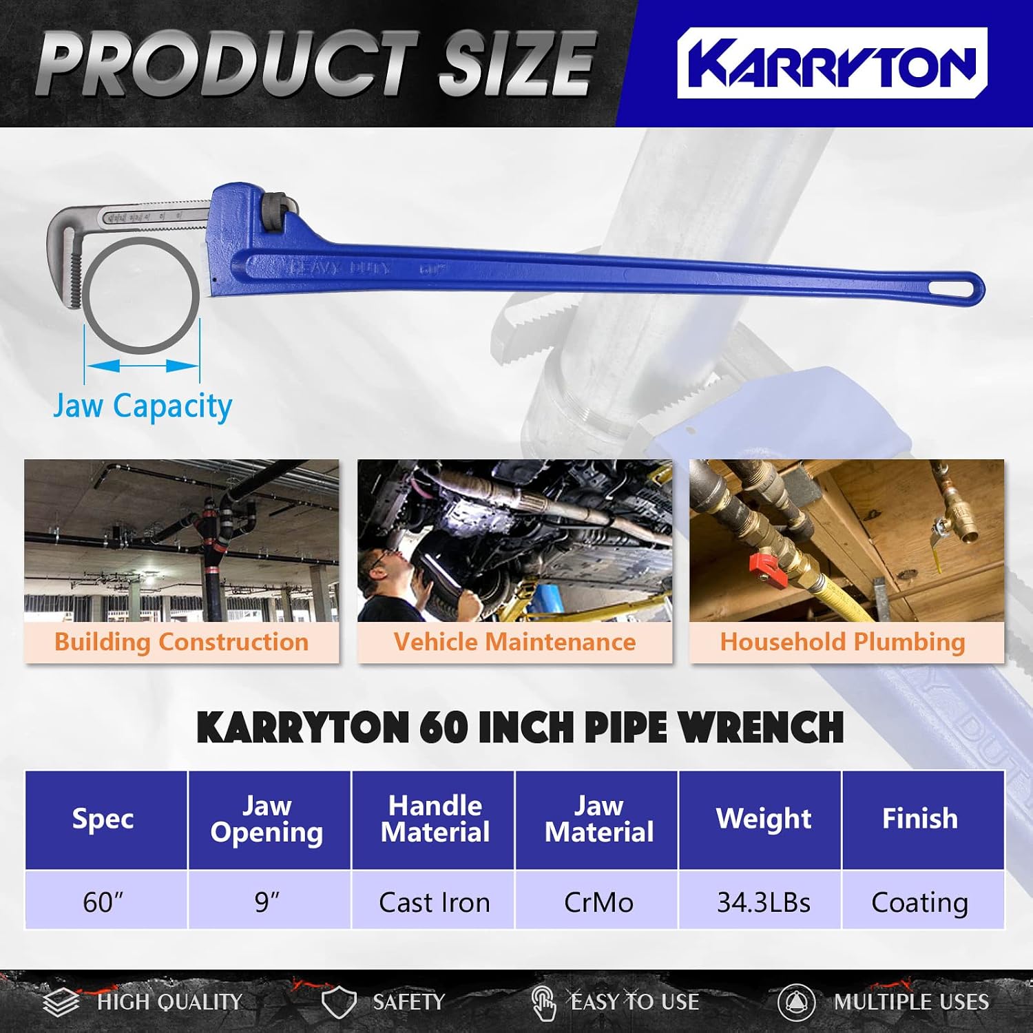 60 Inch Pipe Wrench, Cr-Mo Jaw Opening 9'/228mm Adjustable Heavy Duty Cast Iron Straight Handle Plumbing Wrench, Perfect Plumbers Tool for Oil Field, Plumbing, Construction and Mechanics