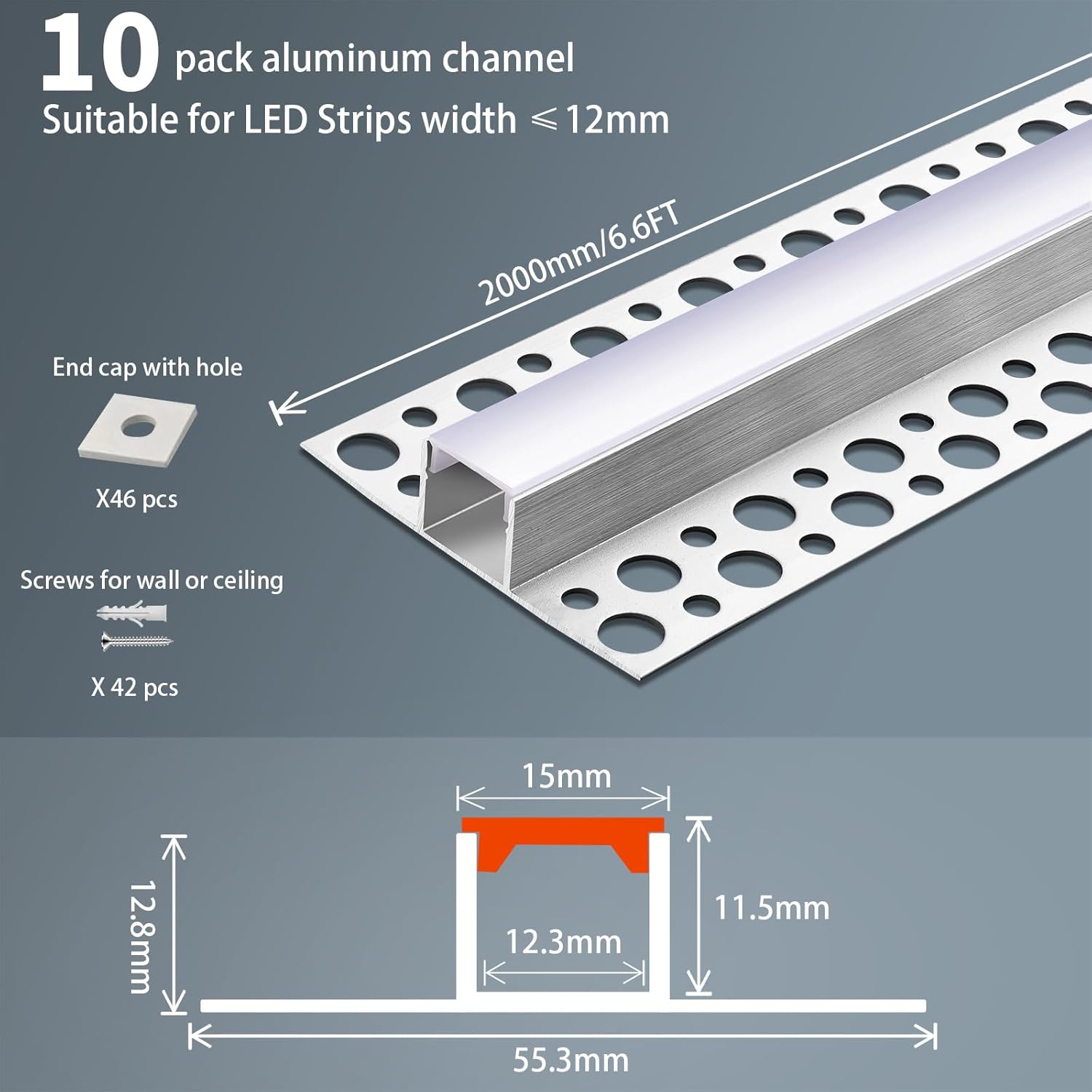10 Pack Aluminum LED Channel 6.6FT/2M Plaster-in with Strip Diffuser and Milky Cover Tape Light Track LED Profile for Various Lighting Applications