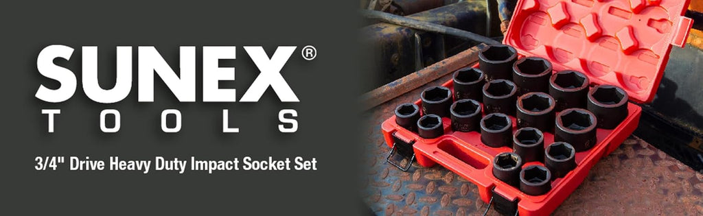 SUNEX TOOLS 4683, 3/4 Inch Drive Heavy Duty Impact Socket Set, 17-Piece, SAE, 1'-2', Cr-Mo Alloy Steel, Radius Corner Design, Dual Size Markings, Heavy Duty Storage Case