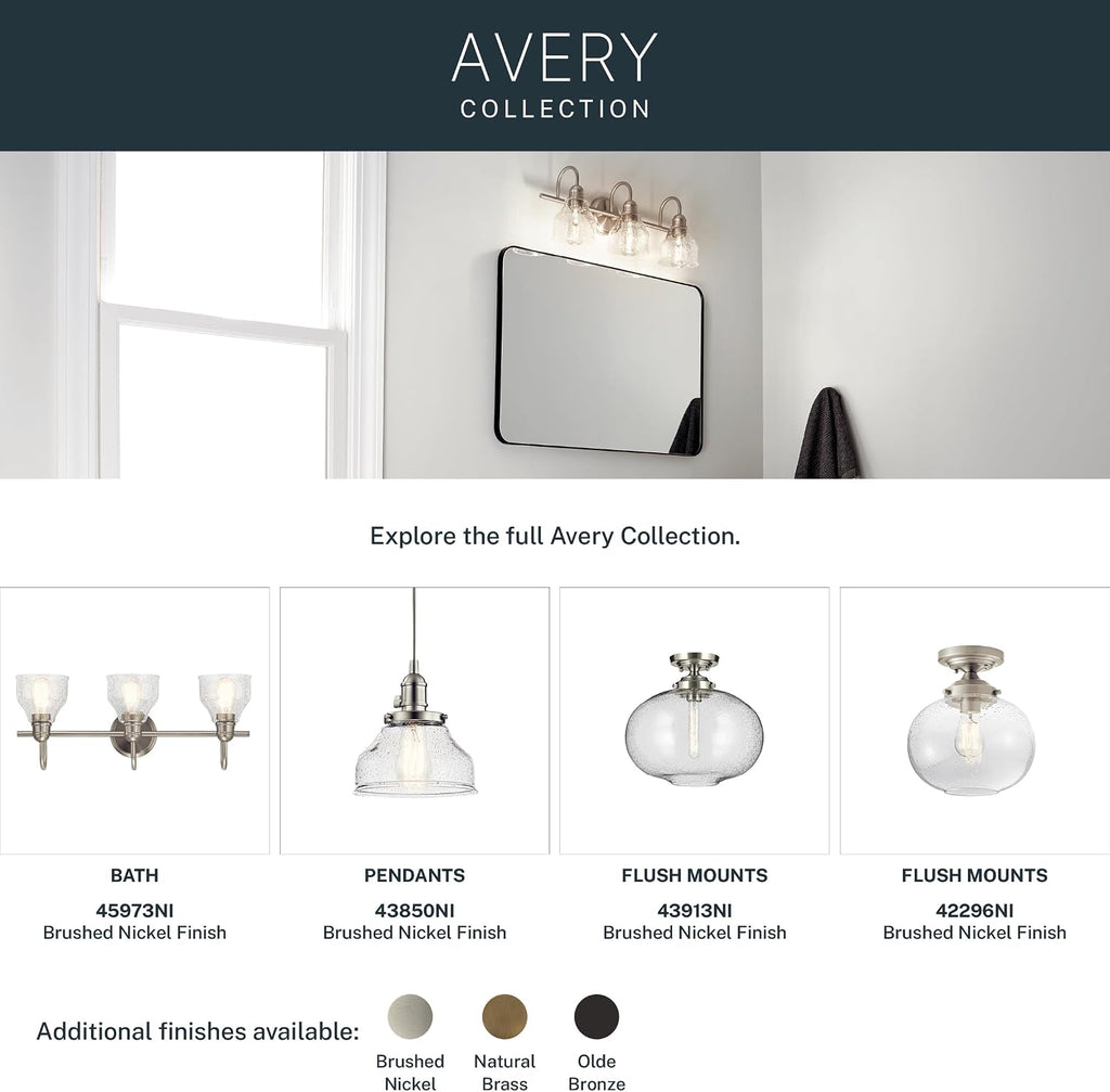 Kichler Avery 33.25' 4 Light Bathroom Vanity Light in Brushed Nickel, Vintage Bathroom Wall Mount Fixture with Clear Seeded Glass, (33.25' W x 9.25' H), 45974NI