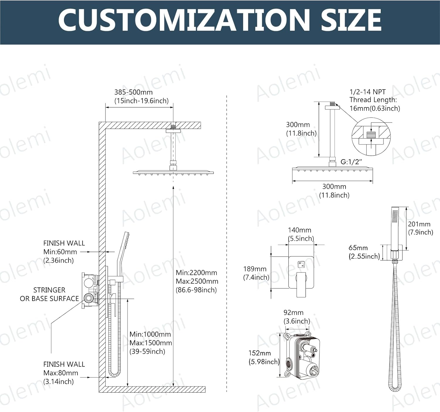 Aolemi Ceiling Mount Shower System Rain Shower Head with Handheld Spray High Pressure Shower Faucet Set Rough-in Valve Shower Trim Kit Included Bathroom Brushed Nickel 12 Inch Ceiling Shower Head