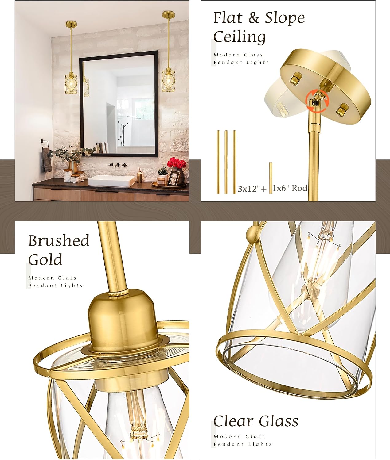 Brushed Gold Pendant Lights Kitchen Island 3 Pack, Glass Kitchen Pendant Lighting Over Island with Rod, Modern Mini Hanging Light for Kitchen Sink Dining Room, CH9176BG-3PK