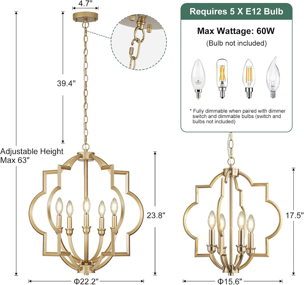 5-Light Gold Farmhouse Pendant Hanging Light Fixtures, 22' Rustic Globe Chandelier for Kitchen Island, Dining Room, Living Room, Hallway, Entryway