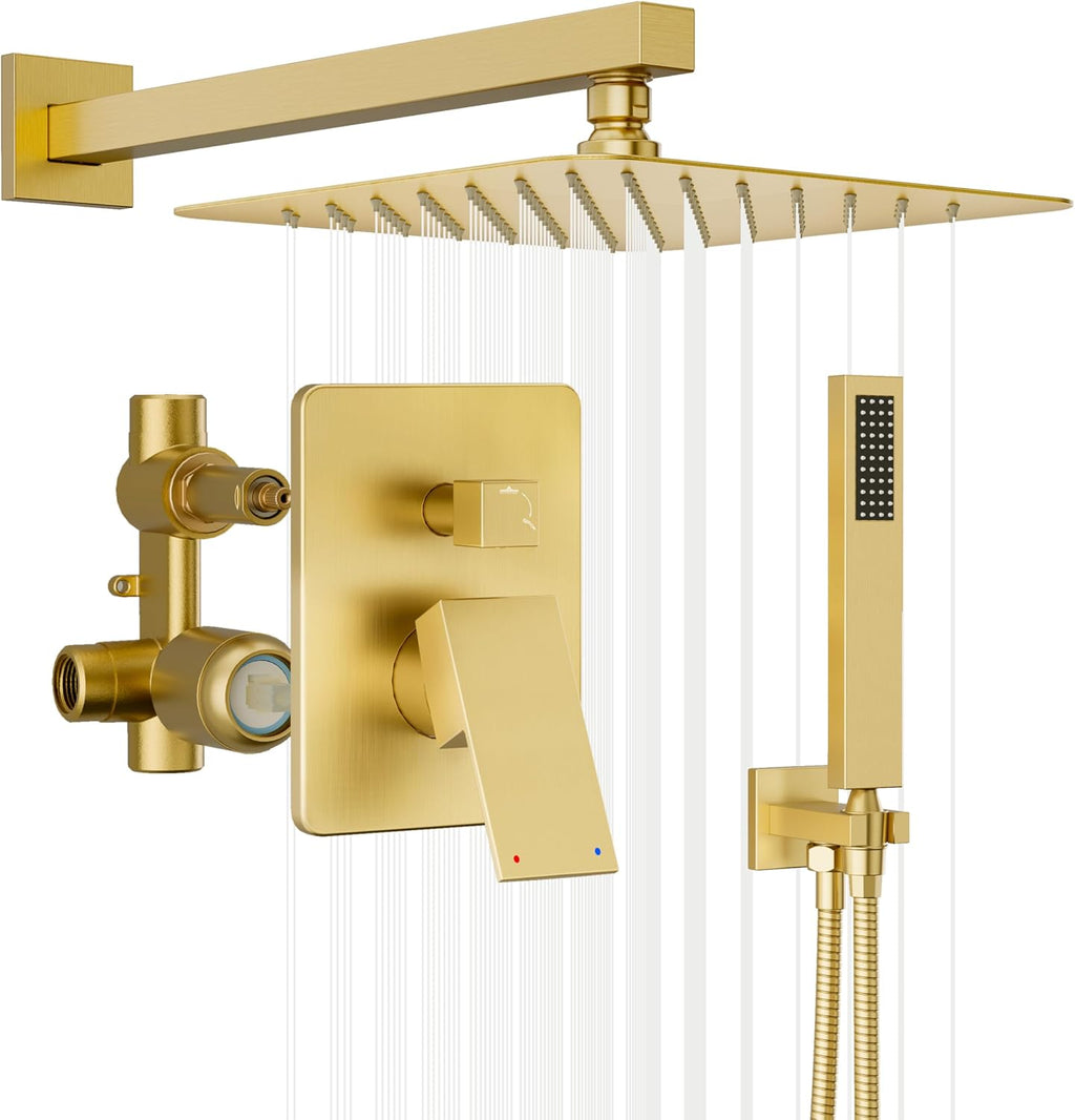 Gold Shower System, Shower Faucet Set with 10' Rain Showerhead and Handheld Combo Spray, Bathroom Wall Mounted High Pressure Shower Combo Set Included Valve and Trim, Brushed Gold