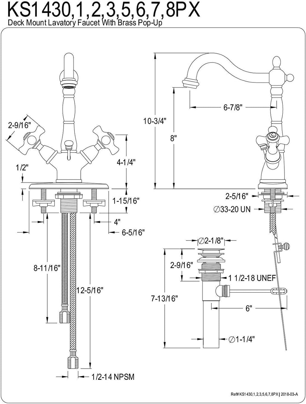 Kingston Brass KS1438PX Deck Mount Lavatory Faucet with Porcelain Cross Handle and Brass Pop-Up, 8-1/4', Brushed Nickel