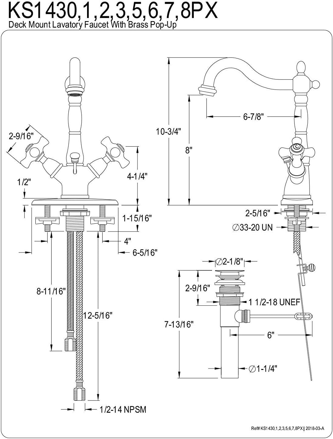 Kingston Brass KS1438PX Deck Mount Lavatory Faucet with Porcelain Cross Handle and Brass Pop-Up, 8-1/4', Brushed Nickel
