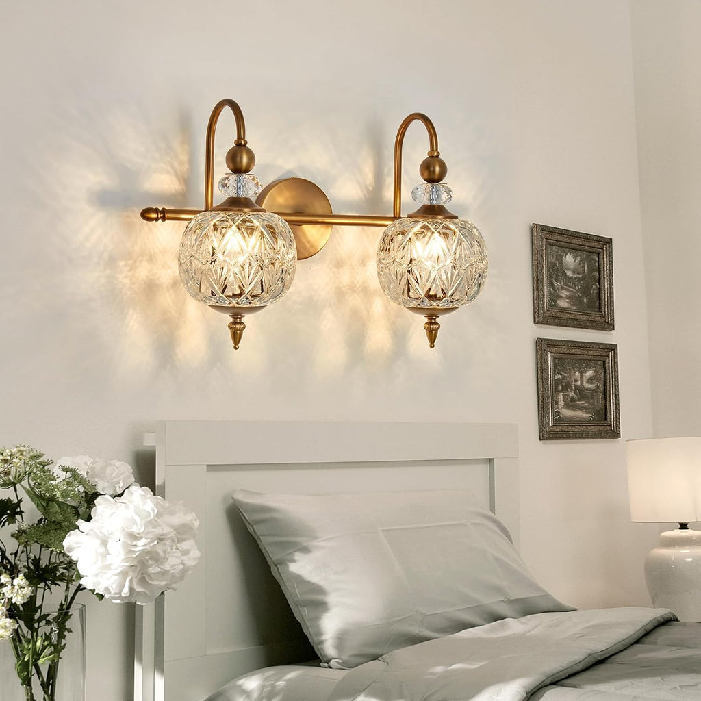 Piepooye Vintage Bathroom Light Fixtures Gold Vanity Light with Glass Globe LampShade 2 Lights Mid Century G9 Bulb Wall Sconce Indoor Vanity Light Over Mirror for Bedroom Farmhouse Hallway